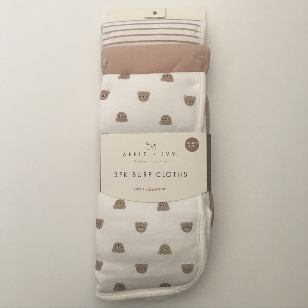 Baby Burp Cloths 3pk Neutral Color Bear Theme Brown Tan NEW | Apple + Ivy